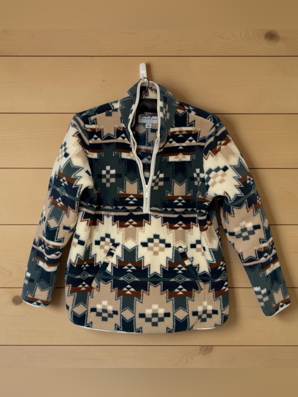 Wrangler Retro Southwestern Aztec Sherpa Fleece Quarter Zip Pullover Coat -Large